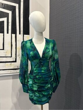 Green Leaf-Print V-Neck Ruched Mini Dress by